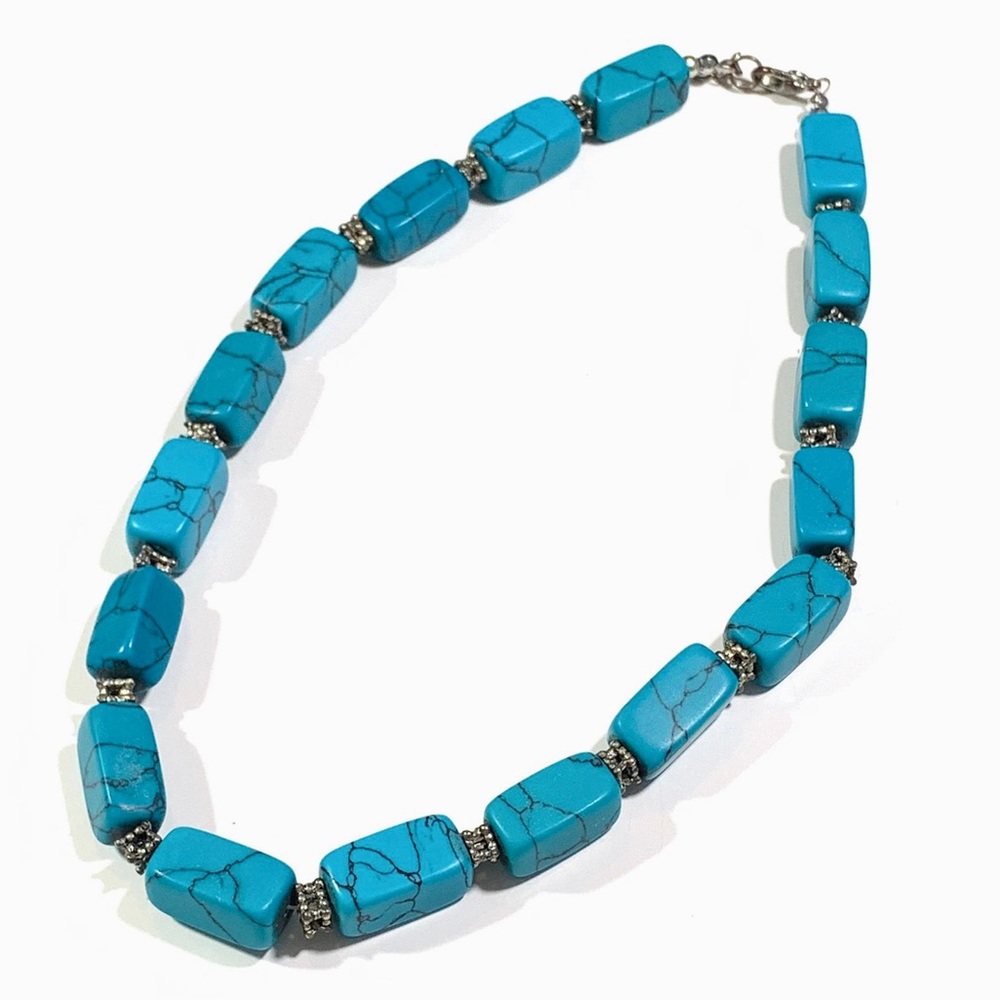 Turquoise Rectangular Stone Bead Chunky Necklace - image 1